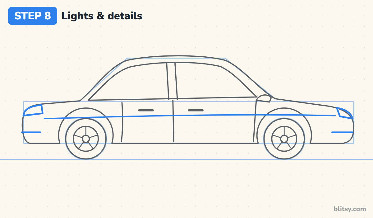 How to draw a car step 8 - add the lights and details