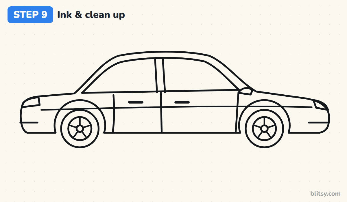 How to draw a car step 9 - ink the lines and clean up