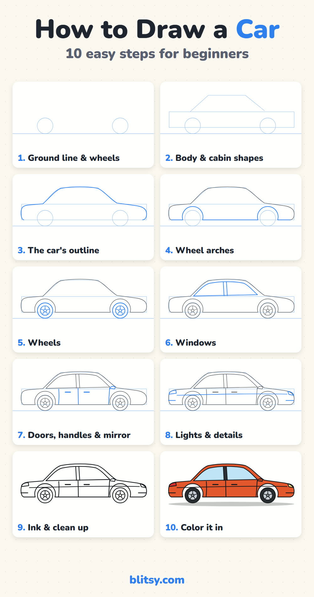How to draw a car step by step - all 10 steps on one page (Pinterest)