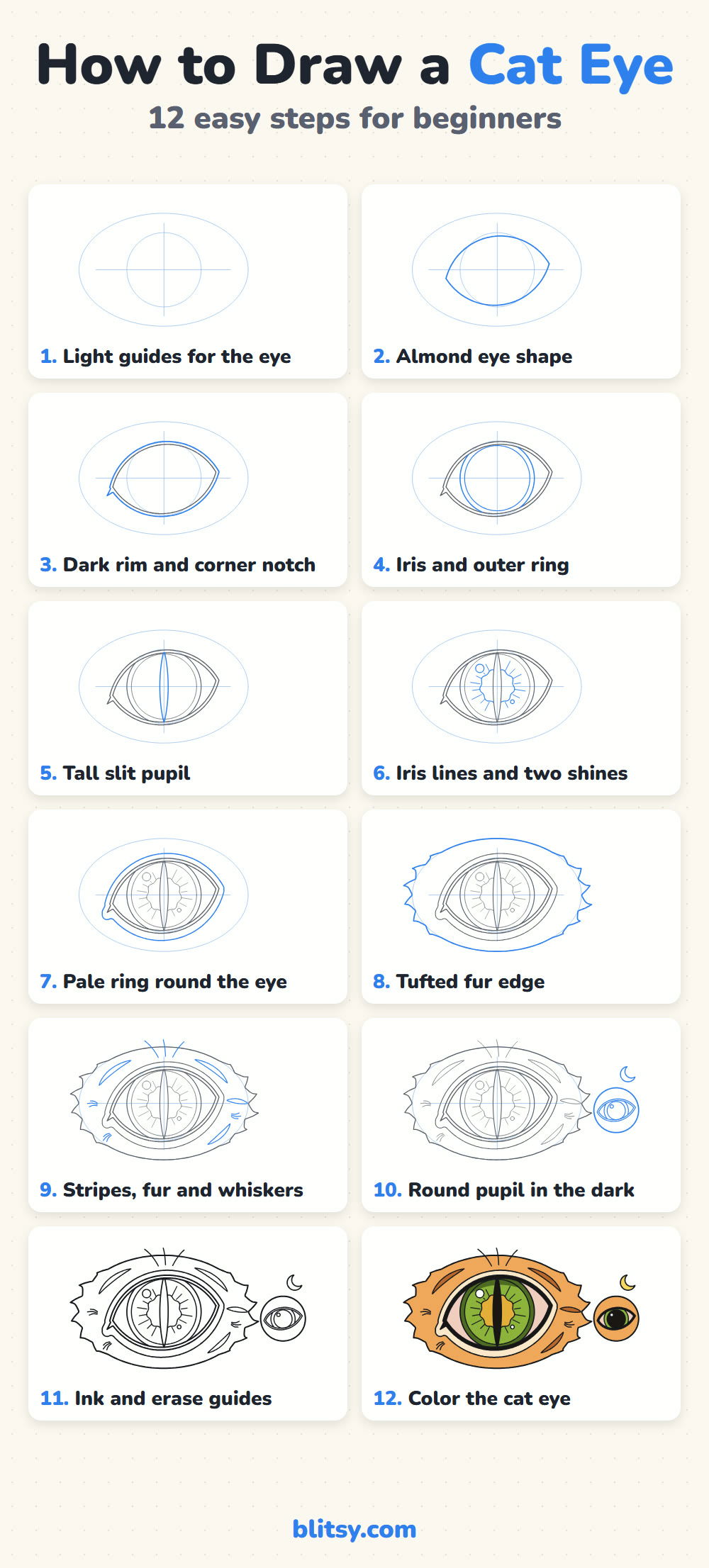 How to draw a cat eye step by step - all 12 steps on one page (Pinterest)