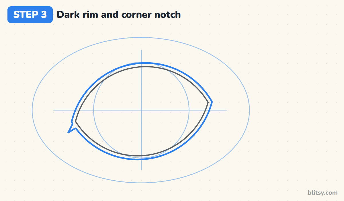 How to draw a cat eye step by step step 3 - add the dark rim and the corner notch