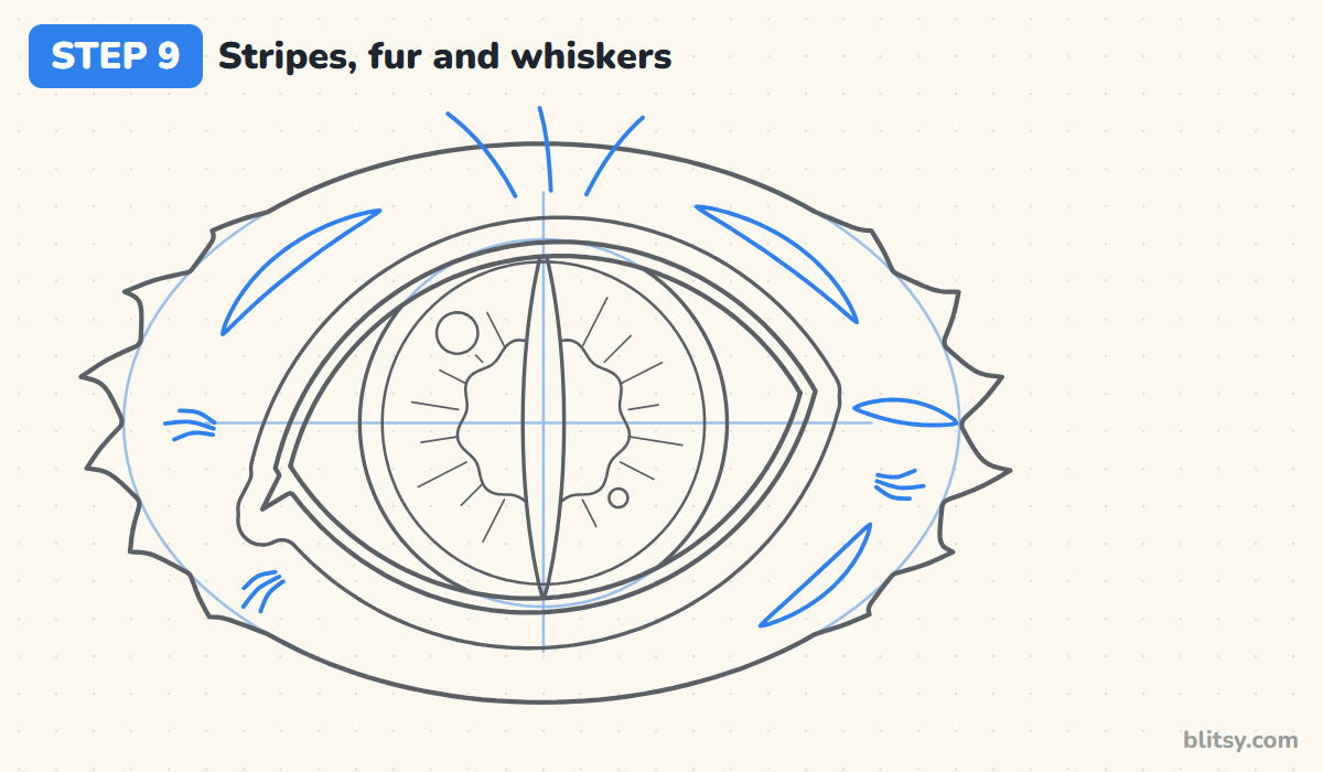 How to draw a cat eye step by step step 9 - add stripes, fur strokes and brow whiskers