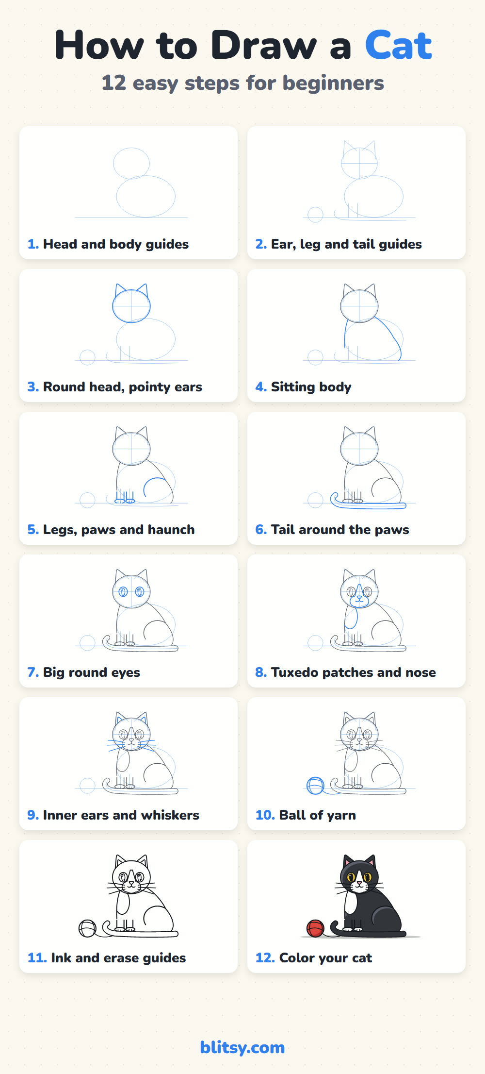 How to draw a cat step by step - all 12 steps on one page (Pinterest)