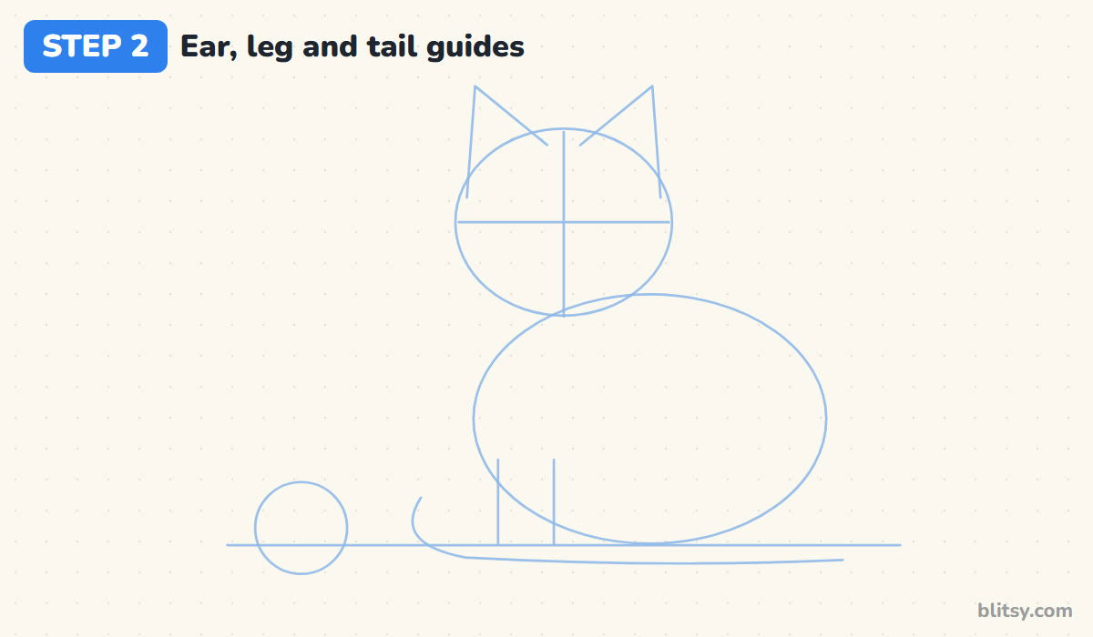 How to draw a cat step by step step 2 - add guides for the ears and tail