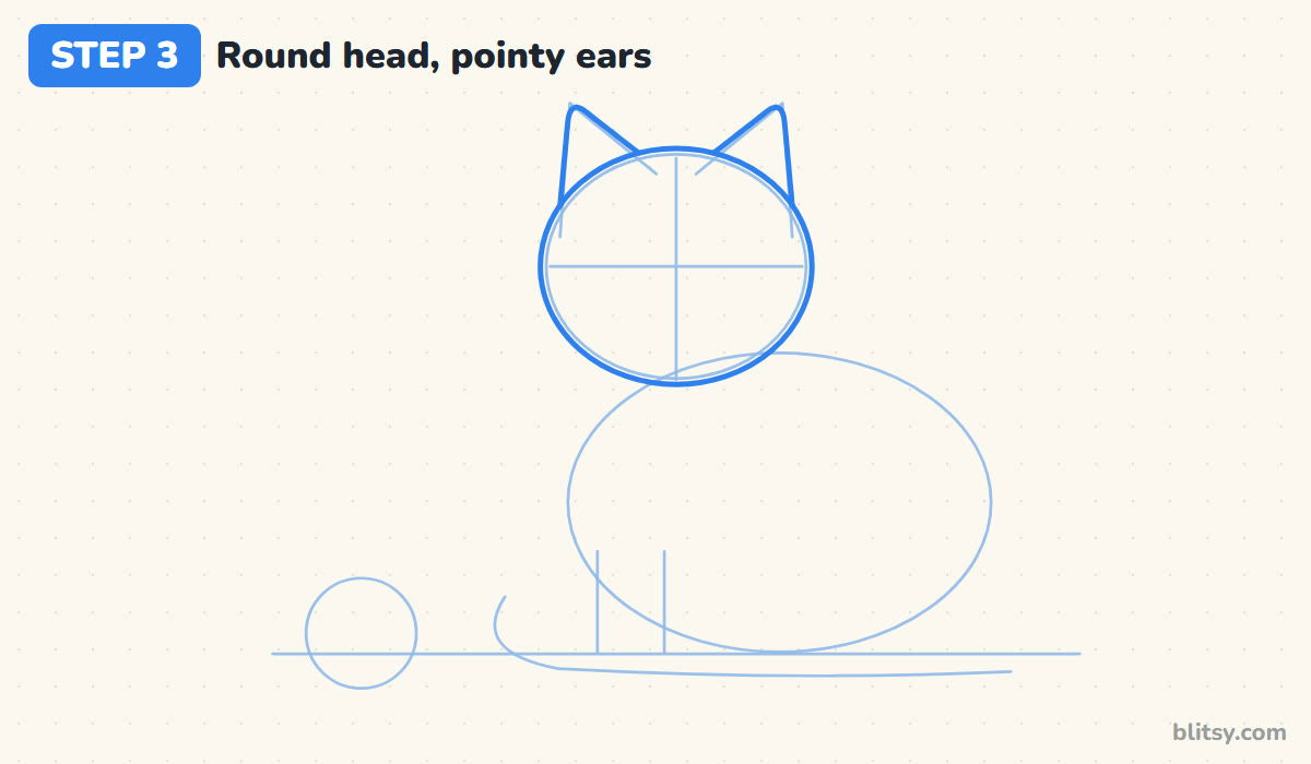 How to draw a cat step by step step 3 - draw the round head and pointy ears