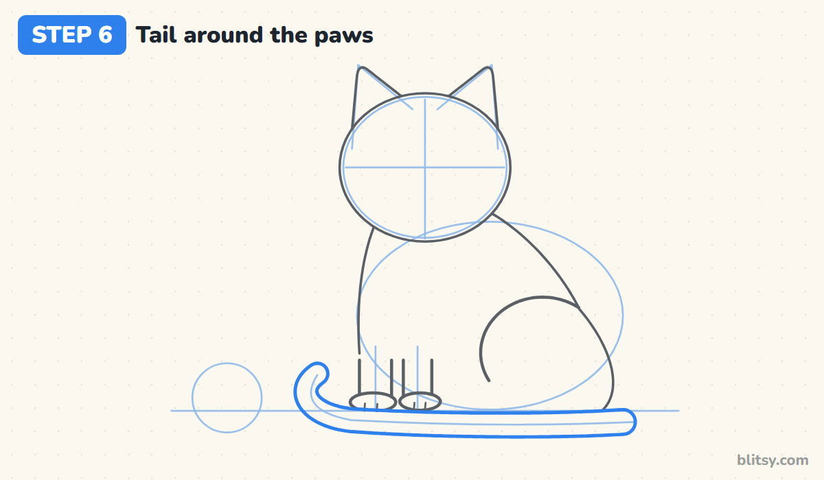 How to draw a cat step by step step 6 - curl the tail around the paws