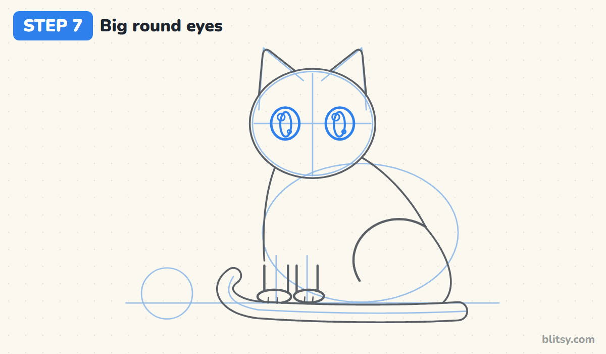 How to draw a cat step by step step 7 - give the cat big round eyes