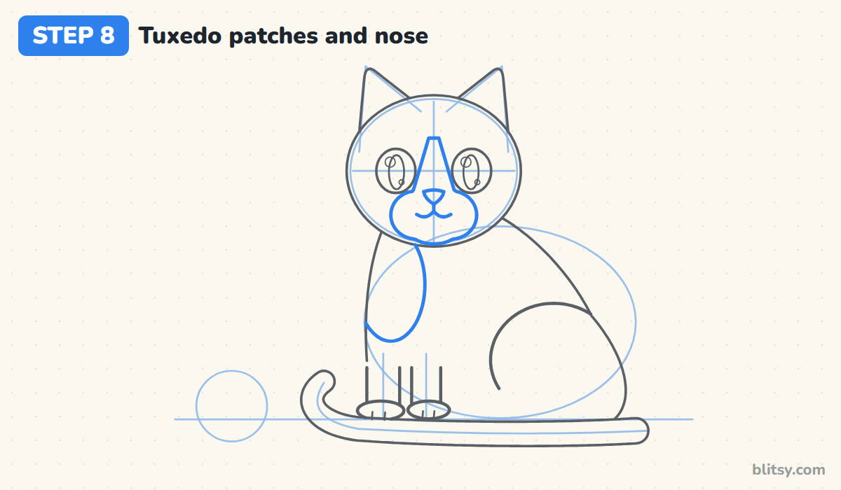 How to draw a cat step by step step 8 - draw the tuxedo patches and the nose