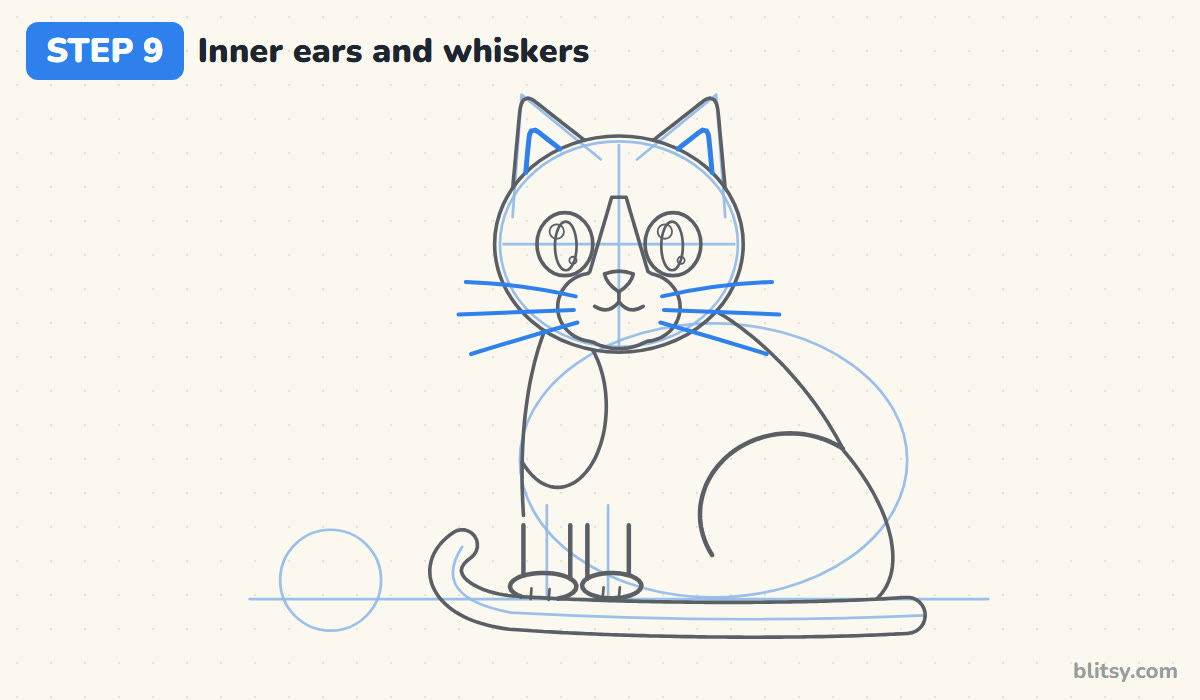 How to draw a cat step by step step 9 - add the inner ears and whiskers