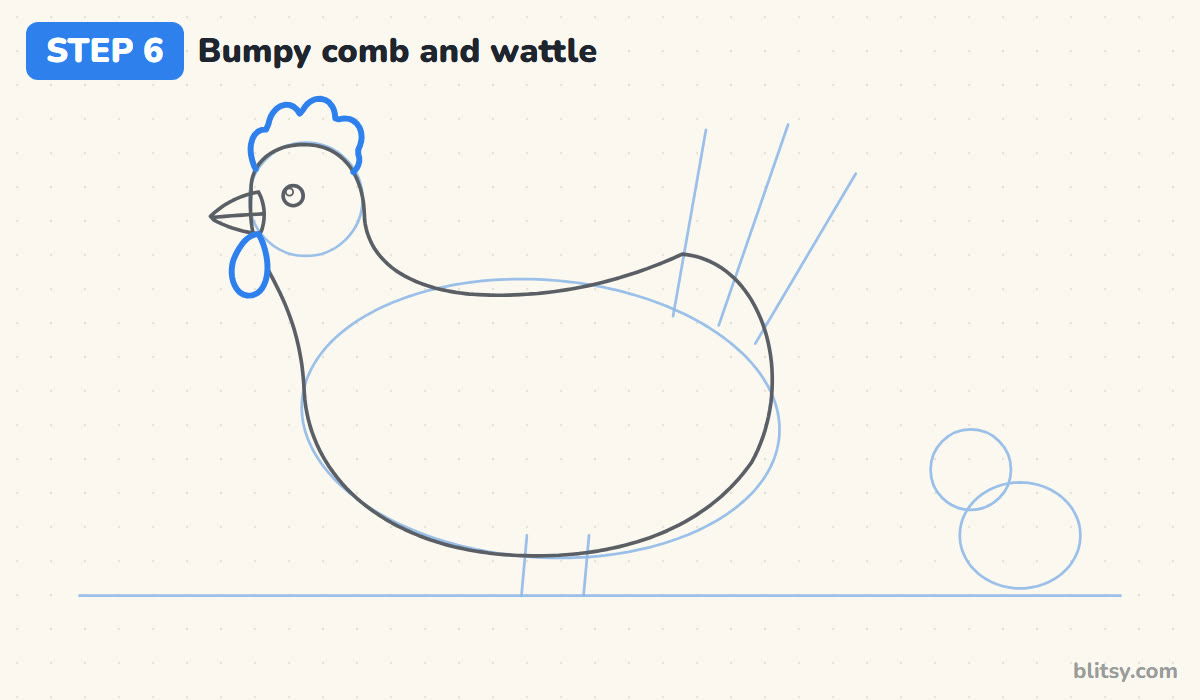 How to draw a chicken step by step step 6 - draw the bumpy comb and wattle
