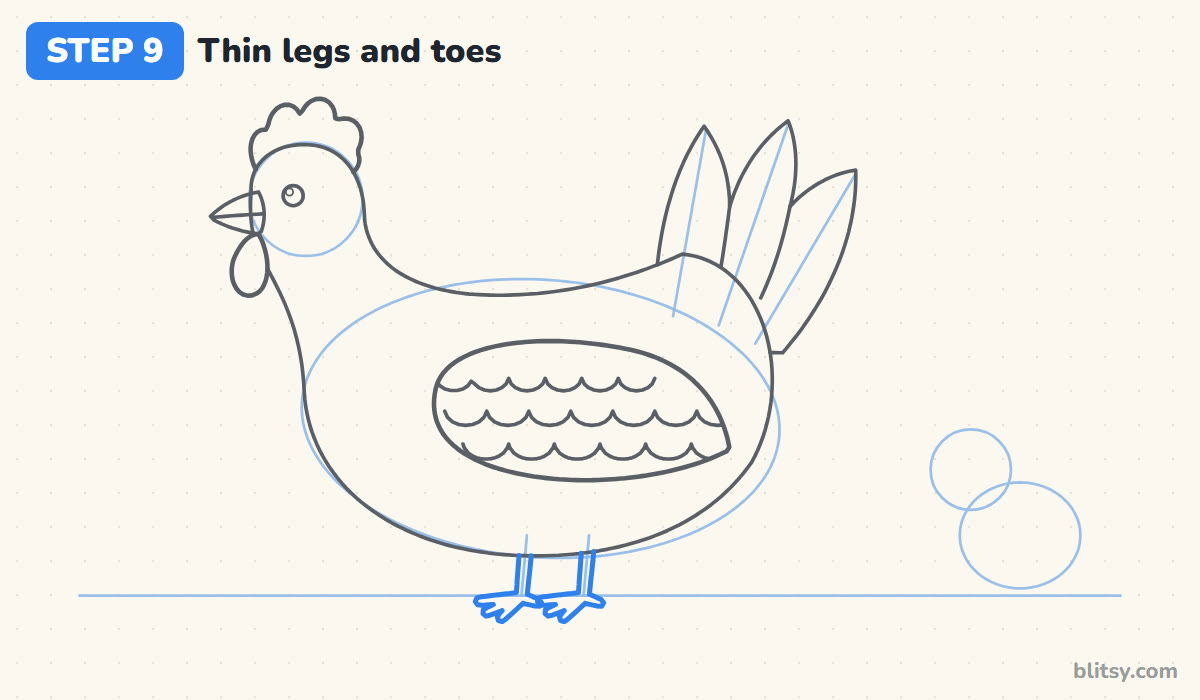 How to draw a chicken step by step step 9 - add the thin legs and toes