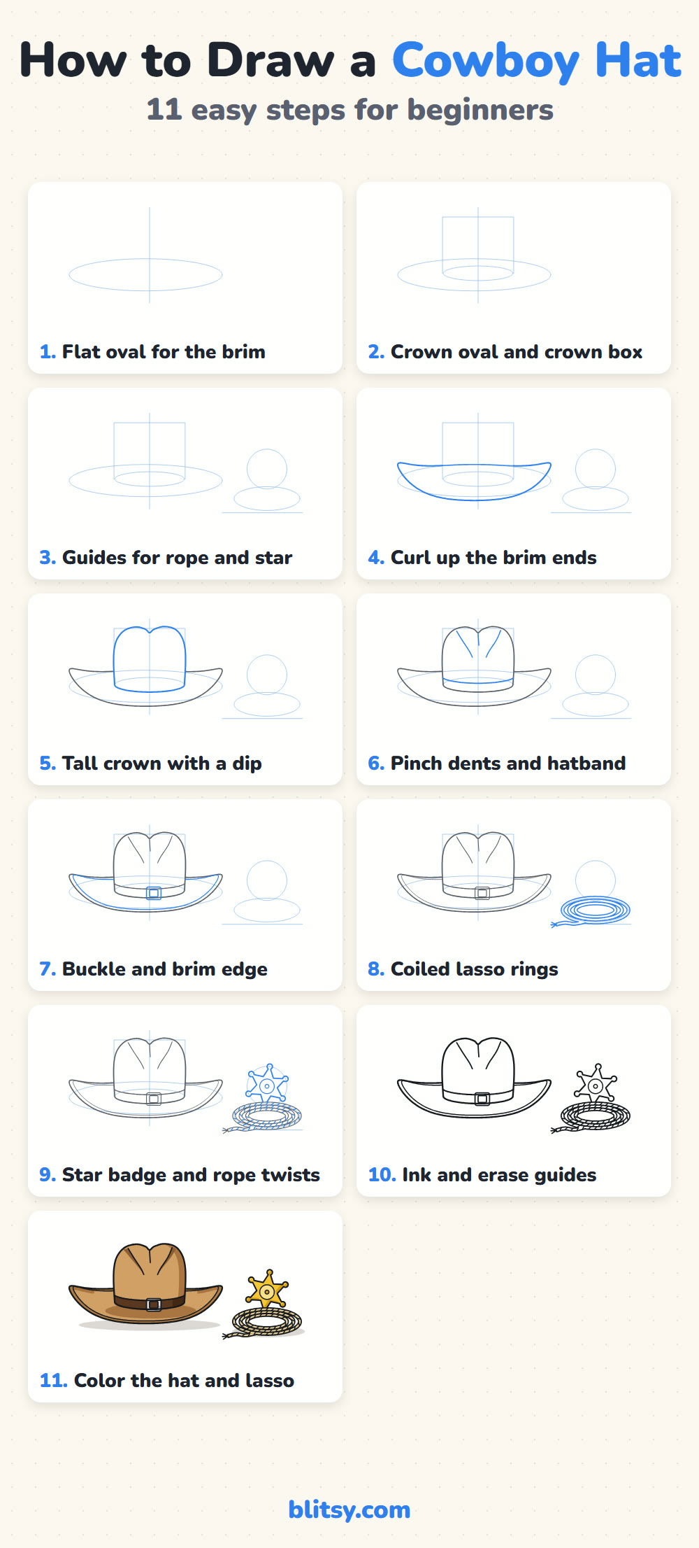 How to draw a cowboy hat step by step - all 11 steps on one page (Pinterest)