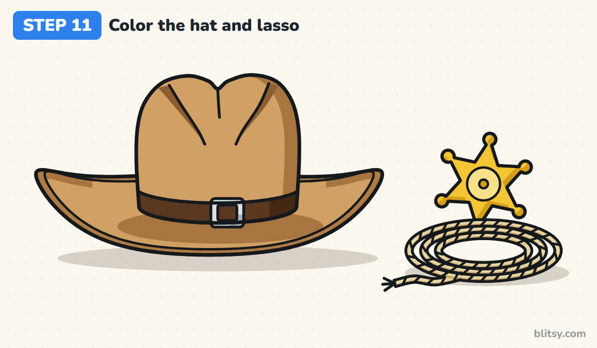 How to draw a cowboy hat step by step step 11 - color the hat, the rope and the badge