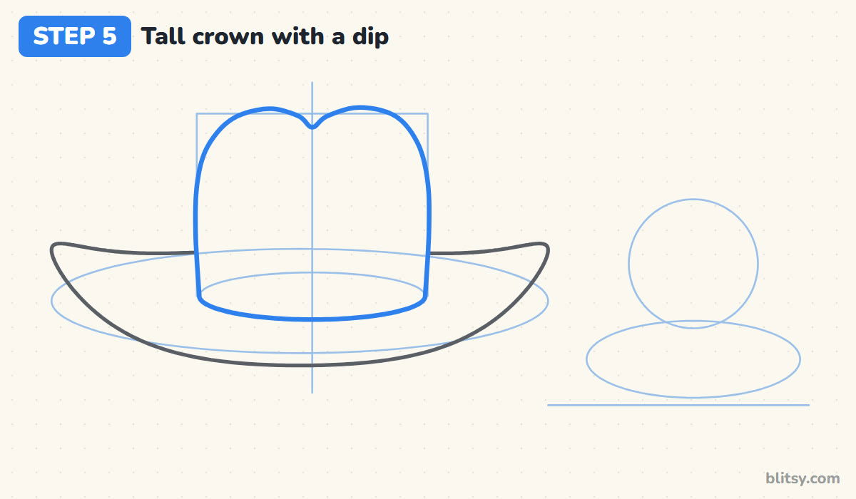 How to draw a cowboy hat step by step step 5 - shape the tall crown with a dip on top