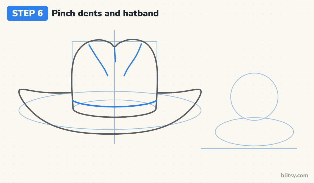 How to draw a cowboy hat step by step step 6 - pinch in the dents and add the hatband