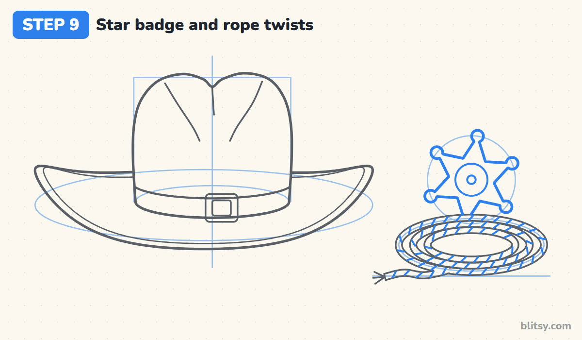 How to draw a cowboy hat step by step step 9 - add the star badge and rope twists
