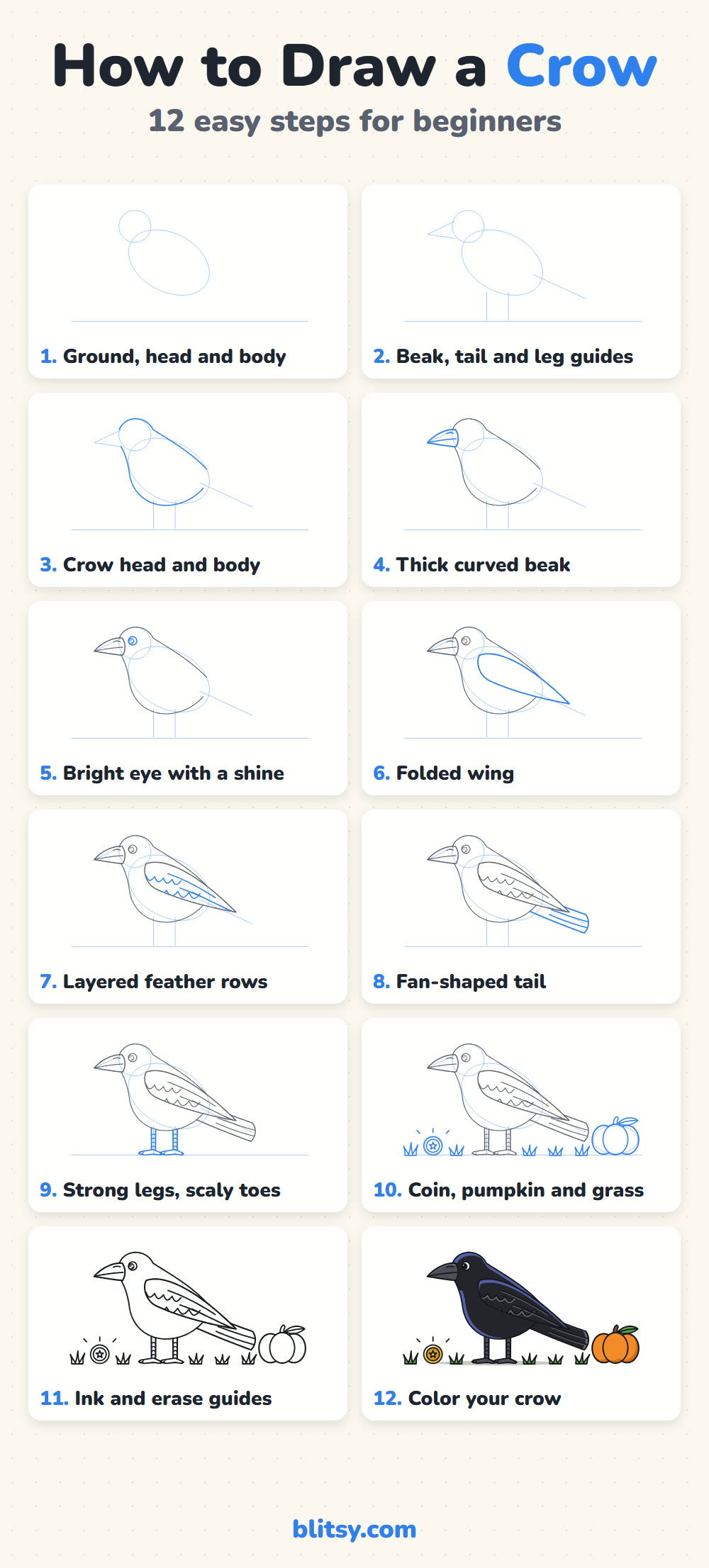 How to draw a crow step by step - all 12 steps on one page (Pinterest)