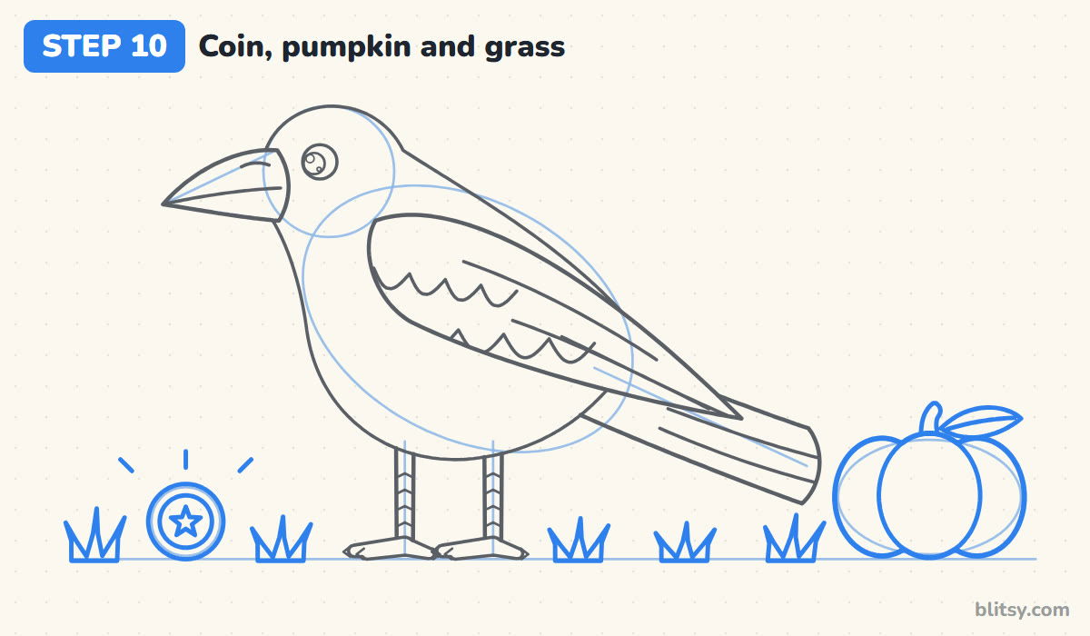 How to draw a crow step by step step 10 - add the coin, the pumpkin and the grass