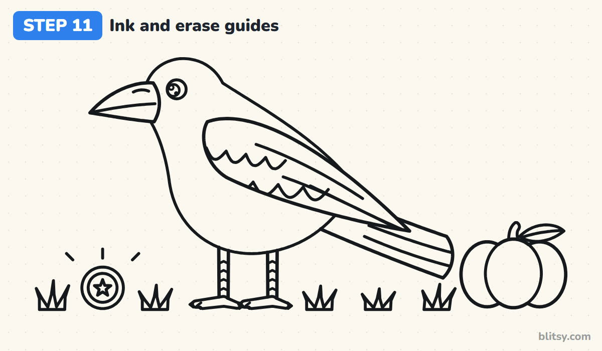 How to draw a crow step by step step 11 - ink the lines and erase the guides