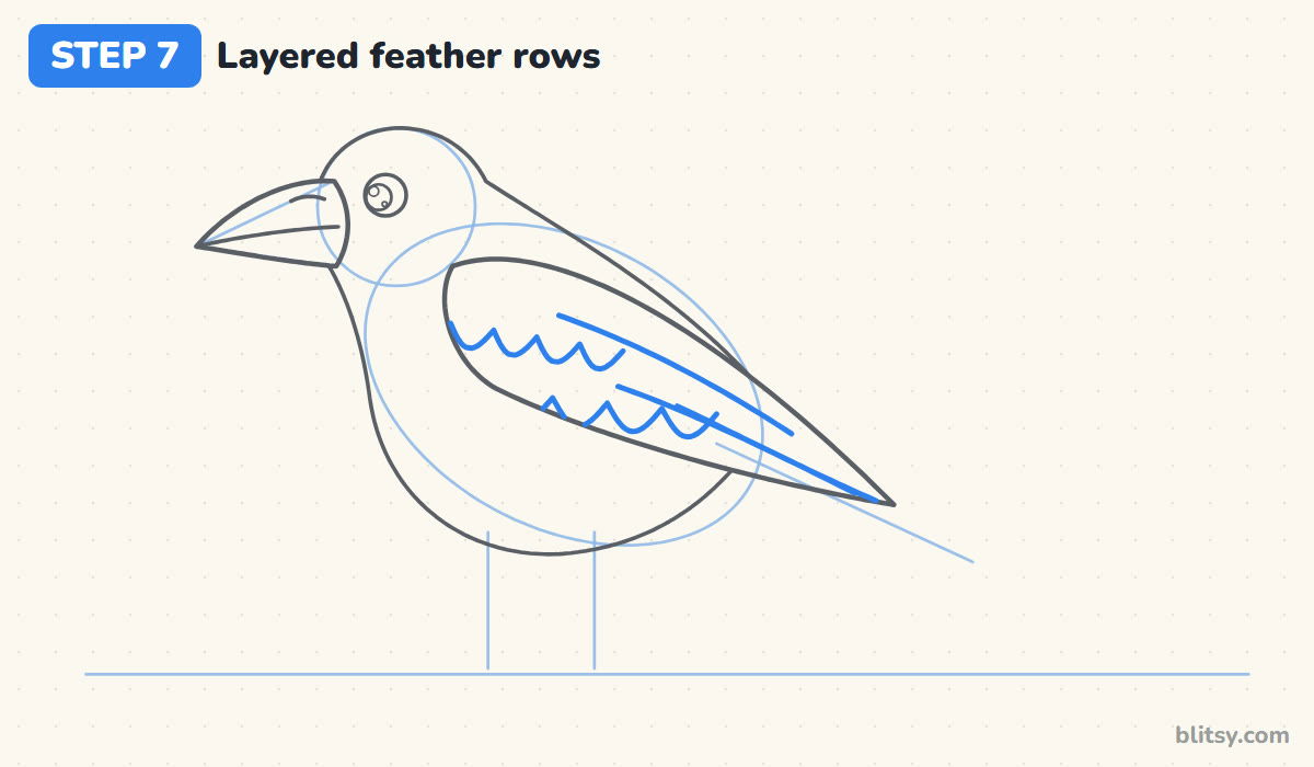 How to draw a crow step by step step 7 - add layered feather rows