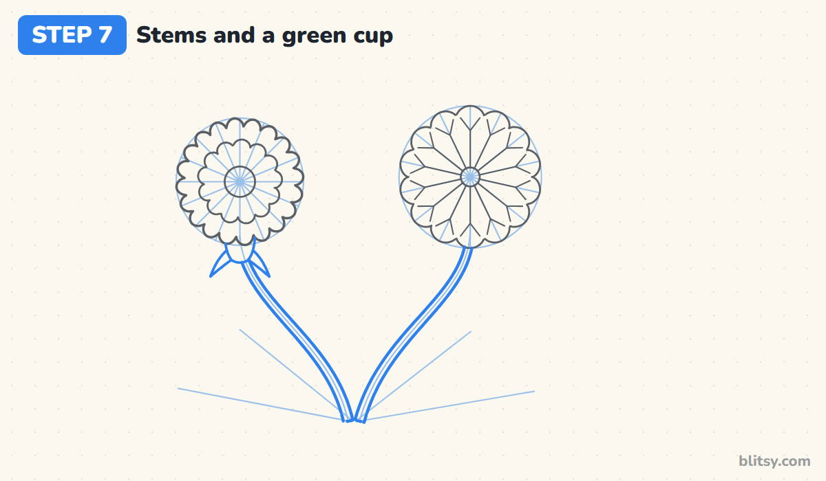 How to draw a dandelion step by step step 7 - draw the stems and the green cup