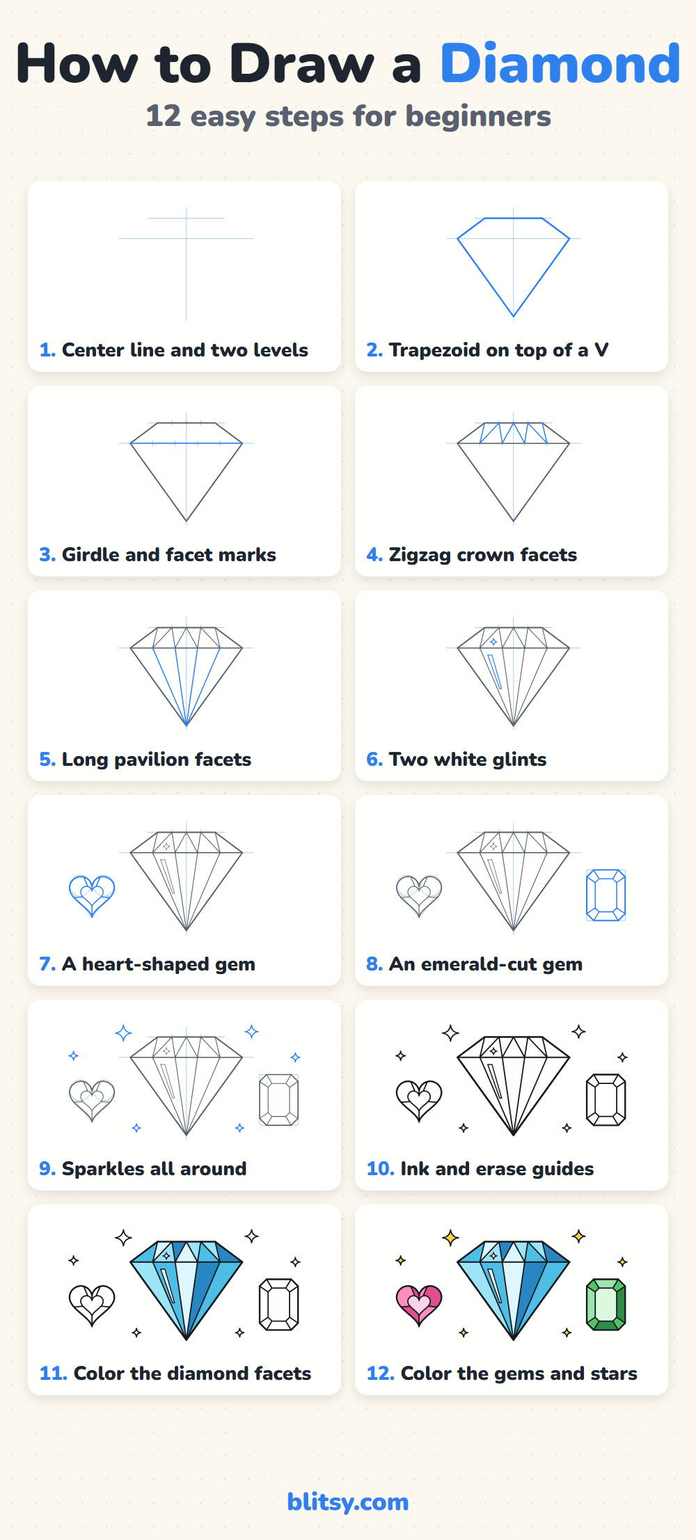 How to draw a diamond step by step - all 12 steps on one page (Pinterest)