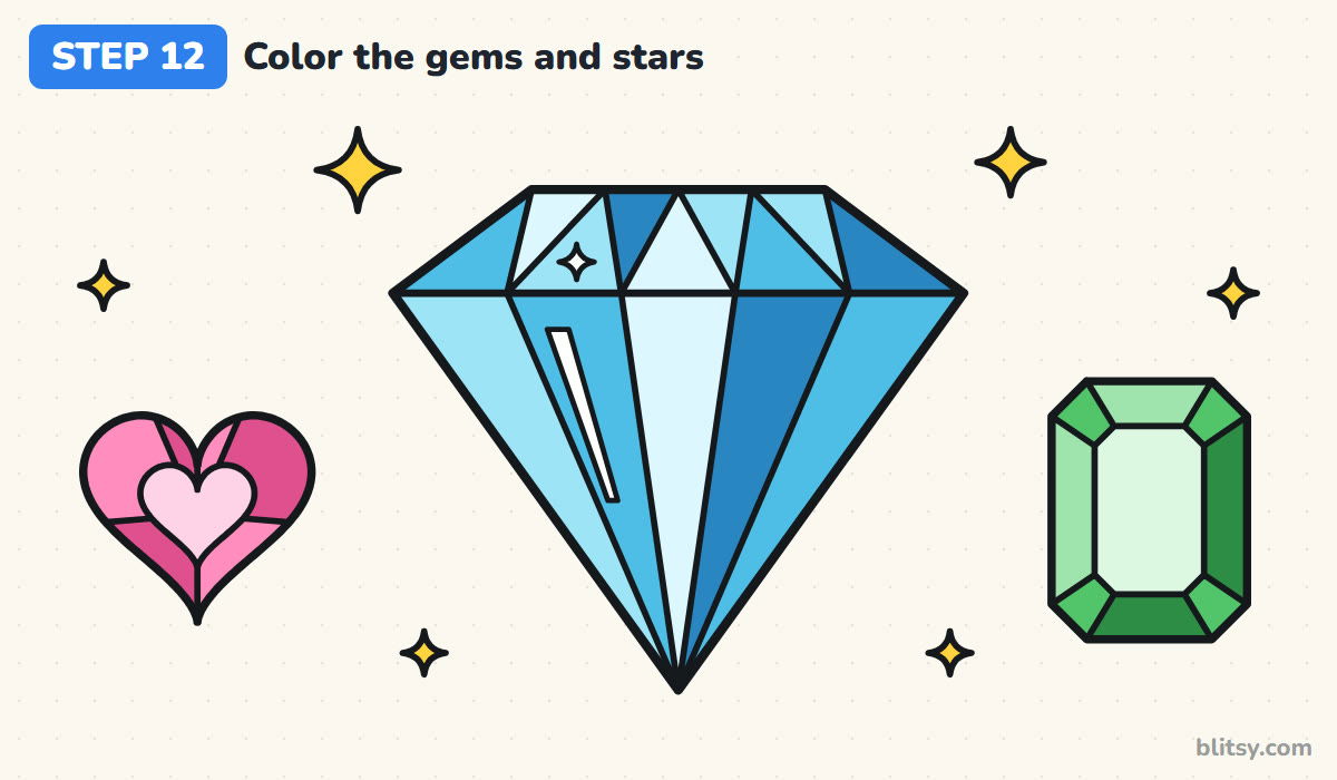 How to draw a diamond step by step step 12 - color the small gems and sparkles