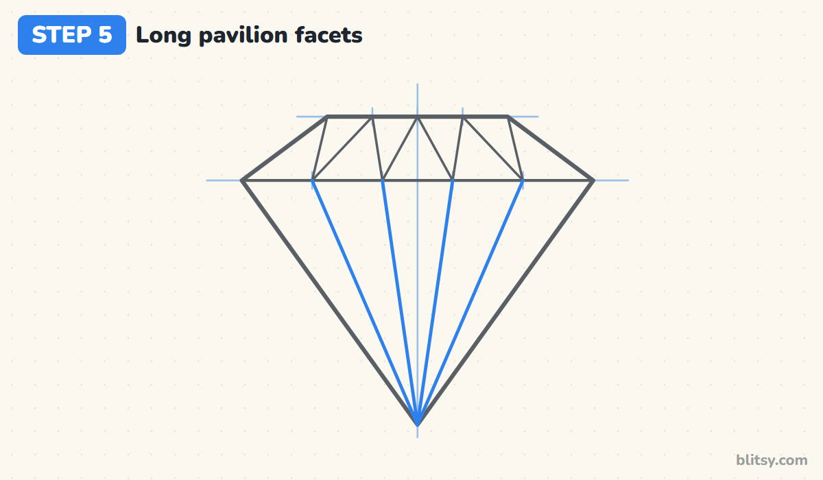 How to draw a diamond step by step step 5 - draw the long pavilion facets
