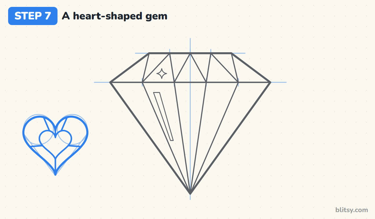How to draw a diamond step by step step 7 - draw a heart-shaped gem on the left