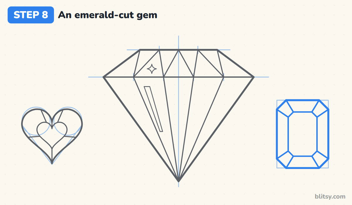 How to draw a diamond step by step step 8 - draw an emerald-cut gem on the right