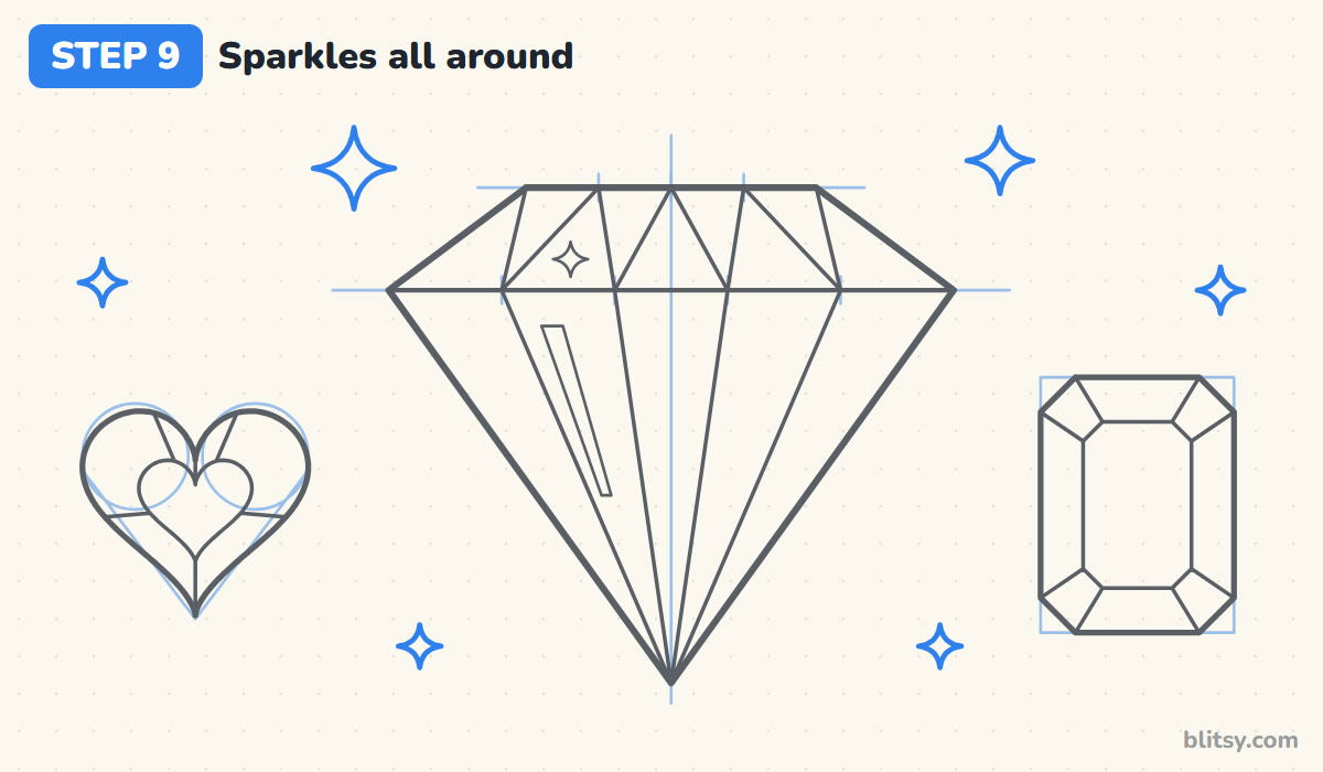 How to draw a diamond step by step step 9 - scatter sparkles around the gems