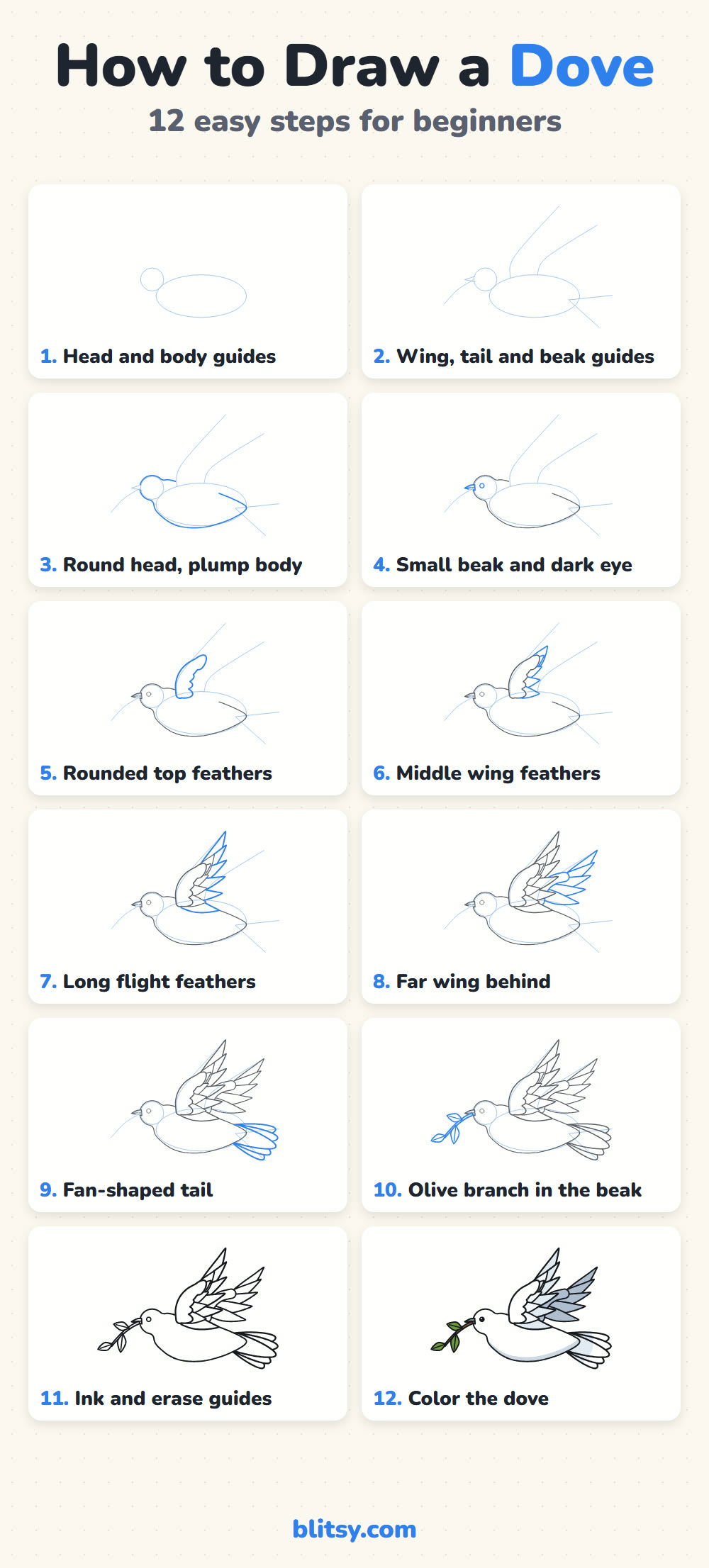 How to draw a dove step by step - all 12 steps on one page (Pinterest)
