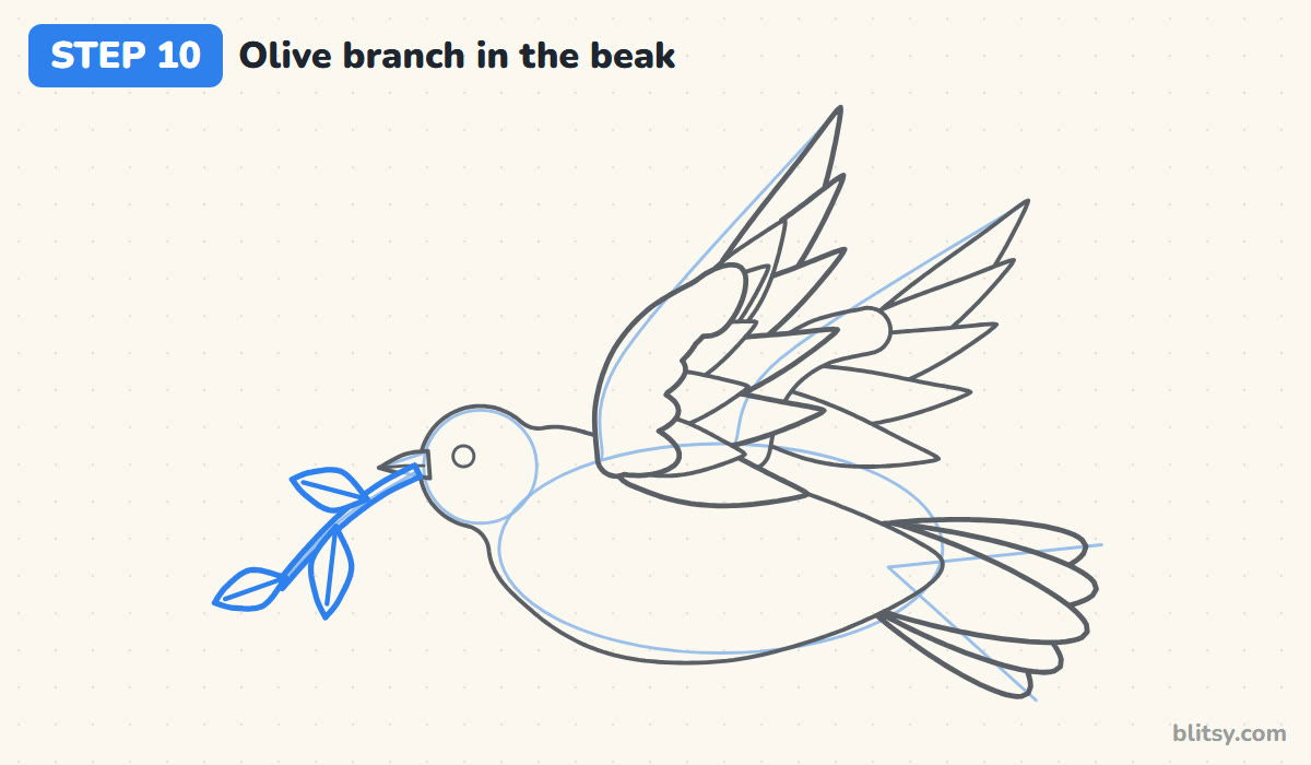 How to draw a dove step by step step 10 - draw the olive branch in the beak