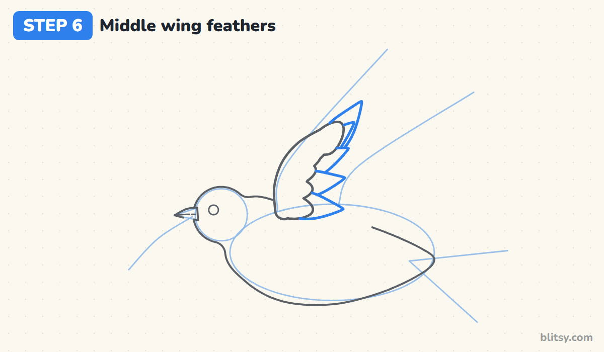How to draw a dove step by step step 6 - add the middle row of wing feathers