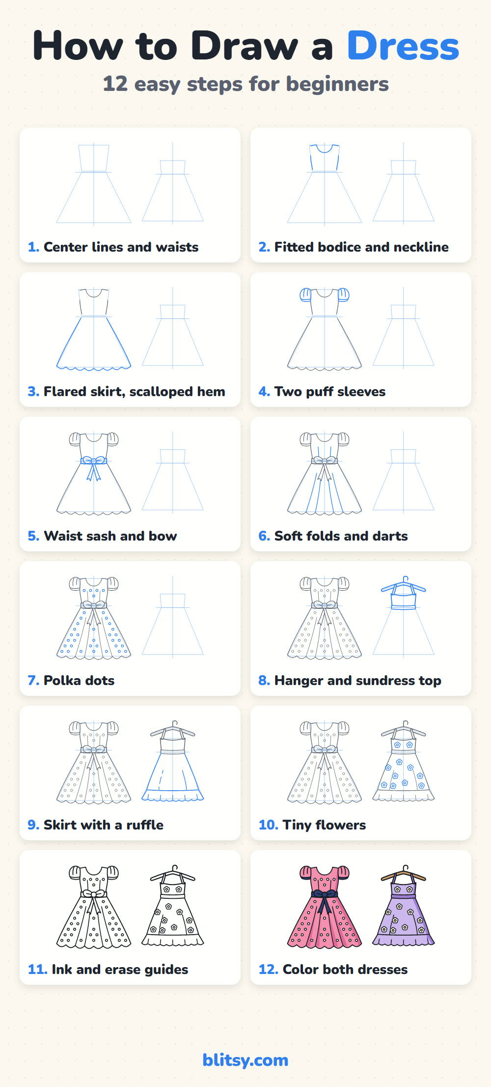 How to draw a dress step by step - all 12 steps on one page (Pinterest)