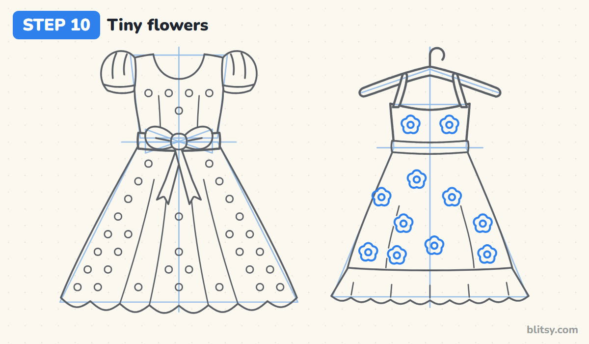 How to draw a dress step by step step 10 - draw tiny flowers on the sundress