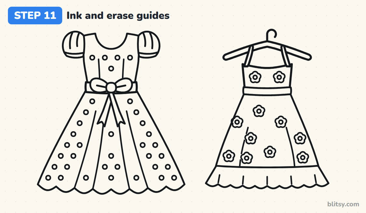 How to draw a dress step by step step 11 - ink the lines and erase the guides