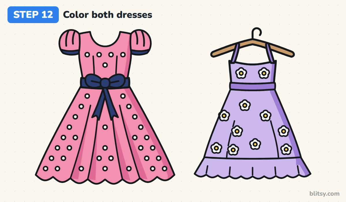How to draw a dress step by step step 12 - color both dresses