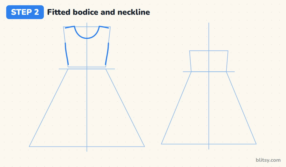 How to draw a dress step by step step 2 - draw the fitted bodice and the round neckline