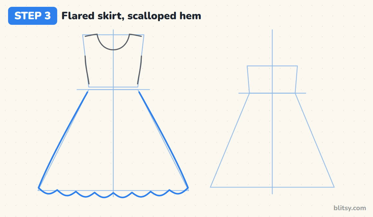 How to draw a dress step by step step 3 - add the flared skirt with a scalloped hem