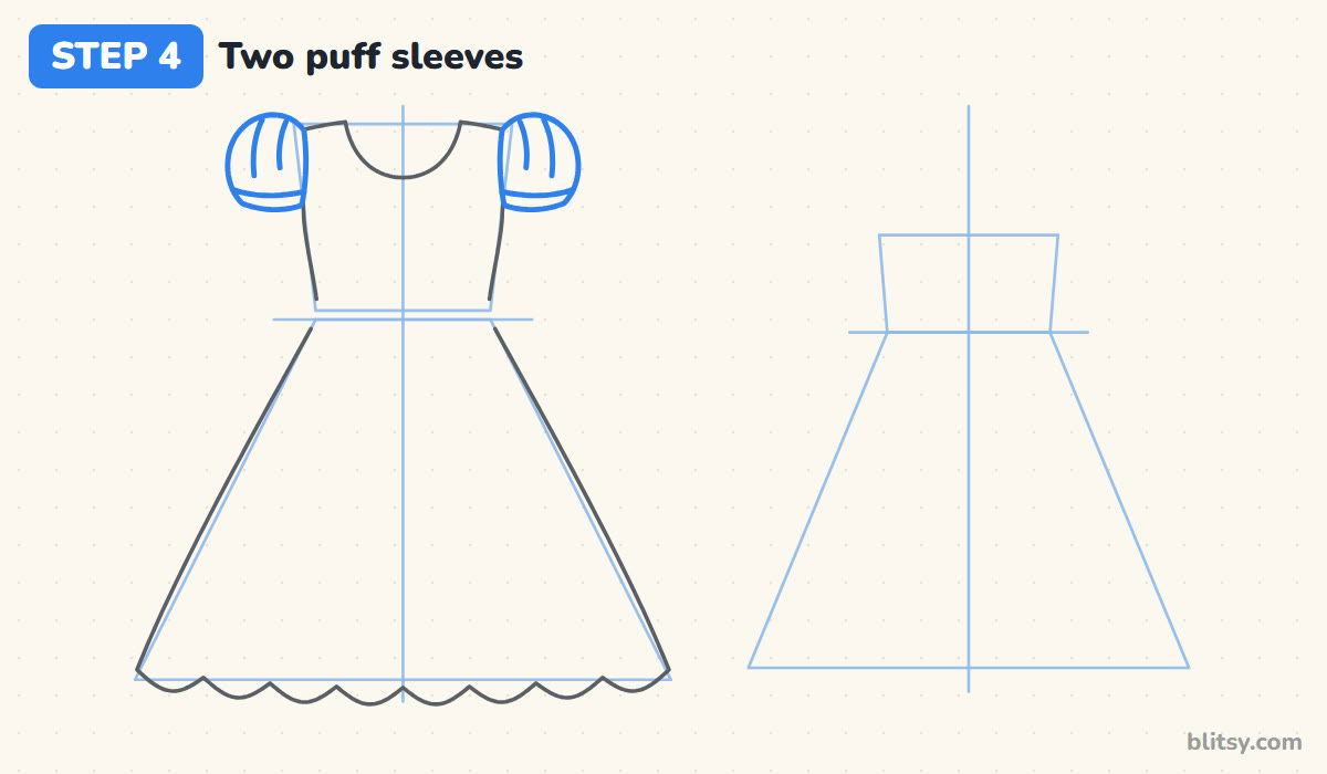 How to draw a dress step by step step 4 - draw two puff sleeves