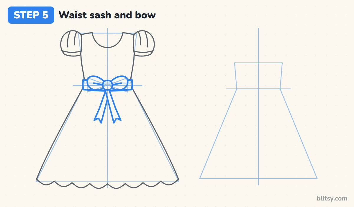 How to draw a dress step by step step 5 - wrap a sash and tie the bow