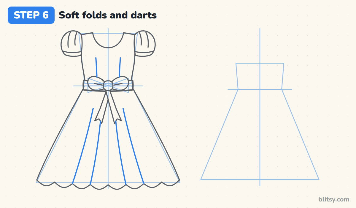How to draw a dress step by step step 6 - add soft folds and bodice darts