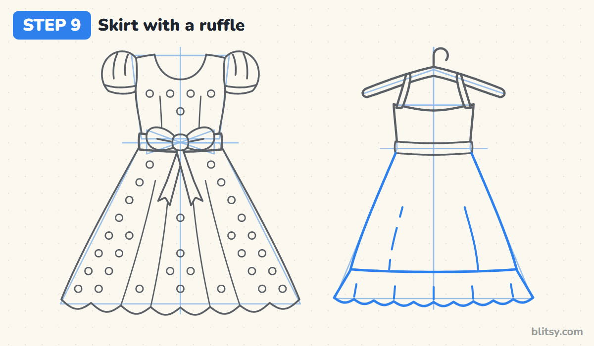 How to draw a dress step by step step 9 - shape the skirt with a ruffle