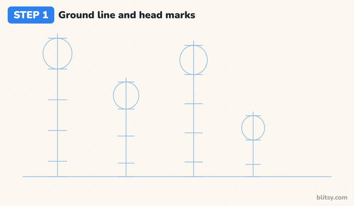 How to draw a family step by step step 1 - draw a ground line, four head circles and head marks