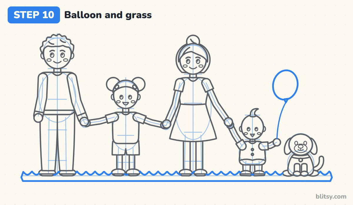 How to draw a family step by step step 10 - add the balloon and a strip of grass