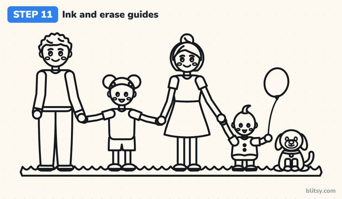 How to draw a family step by step step 11 - ink the outlines and erase the guides
