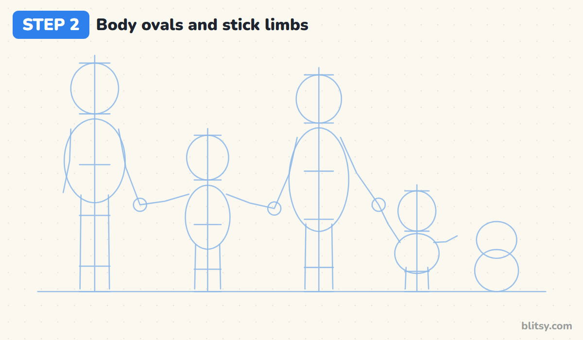 How to draw a family step by step step 2 - sketch body ovals and stick arms and legs