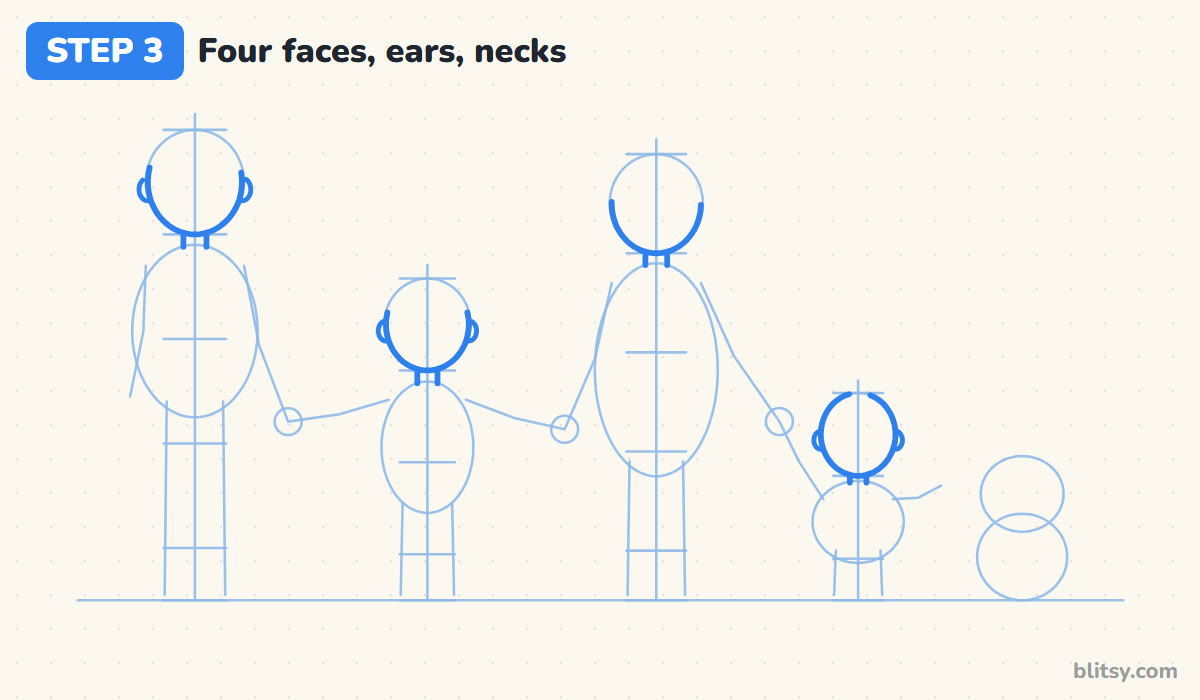 How to draw a family step by step step 3 - draw the faces and necks
