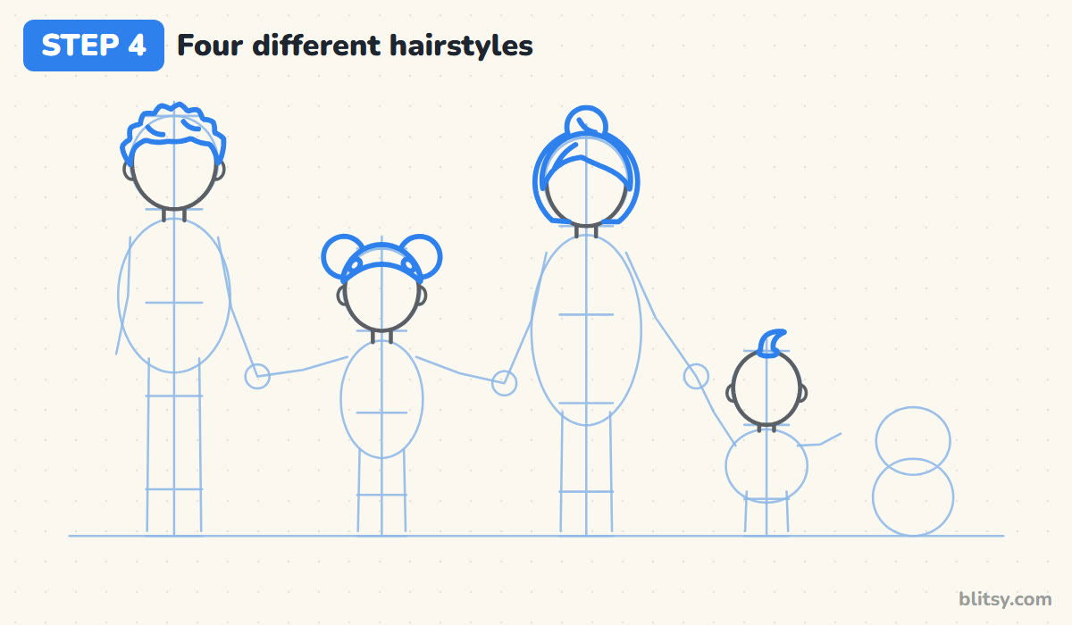 How to draw a family step by step step 4 - give everyone a different hairstyle